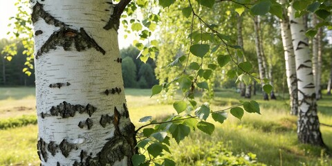 Poster - A Close-Up View of a Birch Tree Trunk with White Bark and Green Leaves in a Forest Setting