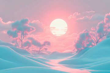 Poster - Abstract landscape with soft flowing shapes, pastel gradients, glowing ambient light, soothing wave-like patterns, and a tranquil atmosphere; perfect for meditation spaces or wellness themes