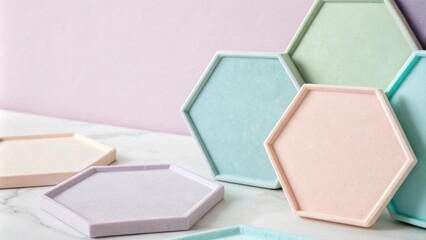 Poster - A stack of pastel hexagonal trays on a white surface against a pale pink backdrop