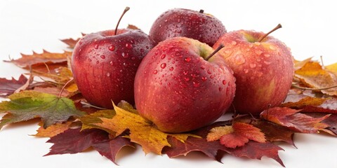 Poster - Four red apples with water droplets on them resting on a bed of colorful autumn leaves
