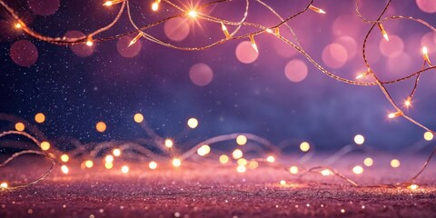 Aufkleber - A String of Warm Lights Illuminates a Shimmering Purple Background with Bokeh and Sparkles