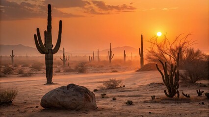 Poster - Silhouettes of cacti against a vibrant orange desert sunset, with a hazy horizon and a solitary boulder in the foreground.