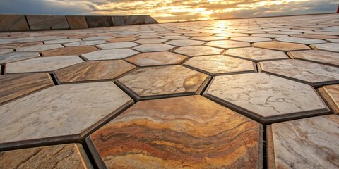 Fototapete - A perspective view of a pathway made of hexagonal tiles, their warm, earthy tones reflecting the golden sunset in the background.