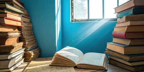 Aufkleber - A single open book lies in the sunlight streaming through a window, surrounded by stacks of old and worn books.
