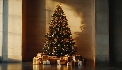 Poster - Decorated Christmas tree with golden ornaments and wrapped gifts in a warm, cozy environment during the holiday season