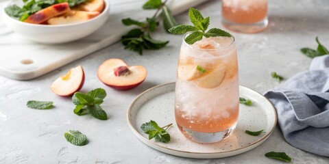 Poster - A refreshing glass of peach and mint infused iced tea, garnished with fresh mint leaves, on a grey background