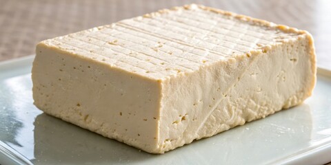 Poster - A block of firm tofu sits on a white plate, ready for use in a variety of culinary creations.