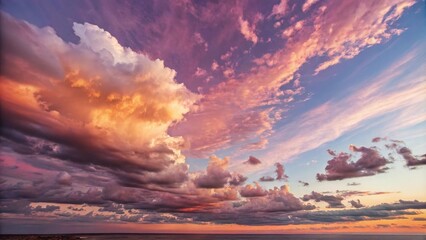 Poster - A dramatic sky with a large, fluffy cloud reflecting the setting sun, casting a vibrant glow on the clouds below, offering a glimpse of the vast expanse of the ocean at the horizon.