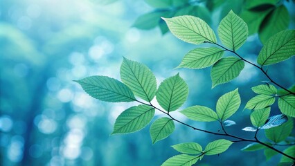 Poster - Delicate green leaves with intricate veining against a blurred background of vibrant blue and green hues, evoking a sense of tranquility and natural beauty.