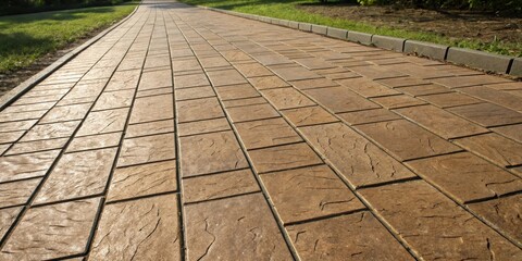 Poster - A Perspective View of a Brick Pathway with a Recessed Border and Softly Lit Natural Grass on Either Side