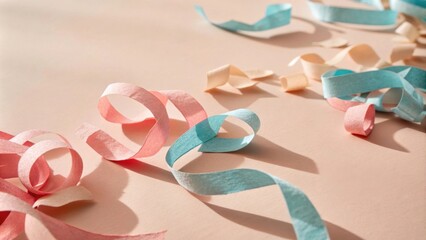 Poster - Pastel Pink and Blue Confetti Ribbons on a Soft Beige Background