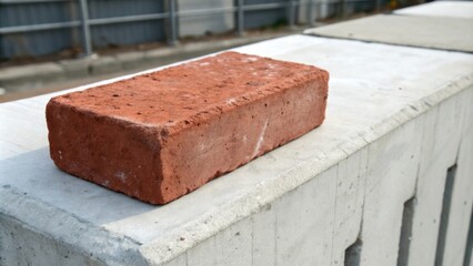 Poster - A single red brick rests on a concrete block, a simple yet powerful symbol of construction