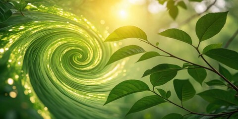 Poster - A Vibrant Green Spiral of Nature's Beauty, Illuminating the Forest with Warm Sunlight