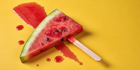 Poster - A juicy watermelon popsicle melting on a bright yellow surface, leaving a trail of red juice