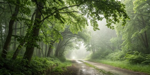 Poster - A winding path through a misty forest, sunlight filtering through the leaves, creating a sense of serenity and tranquility.