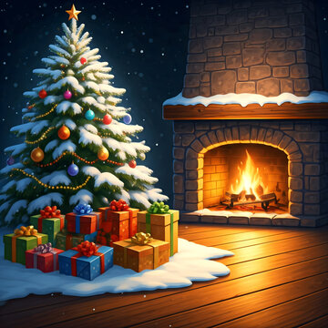 Christmas tree and presents and Christmas bonfire