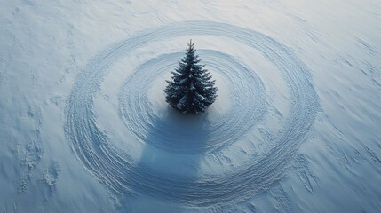 Poster - Aerial abstraction of a minimal Christmas tree surrounded by circular trails in the snow, giving a unique artistic touch. Cinematic Scene 4k resolution, cinematic scene