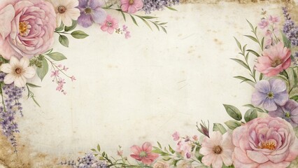 Poster - Vintage Watercolor Floral Frame with Pastel Tones and Delicate Flowers on Textured Paper