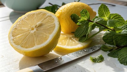 Poster - A halved lemon, several lemon slices, and a sprig of fresh mint leaves resting on a white cutting board, illuminated by the warm light of the sun.