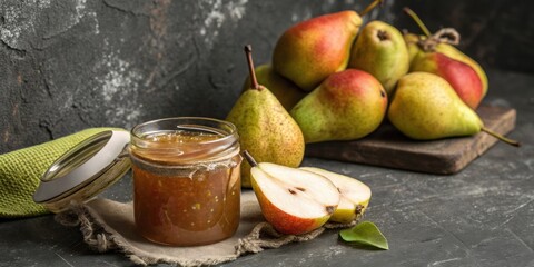 Poster - A rustic jar of pear jam sits on a burlap napkin surrounded by ripe pears, showcasing the vibrant colors of fall harvest.