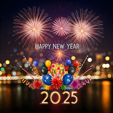 Greetings happy new year 2025, for ilustration dan kembang api