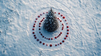 Poster - An abstract aerial shot of a Christmas tree surrounded by concentric patterns in fresh snow, with minimal red baubles. Cinematic Scene 4k resolution, cinematic scene