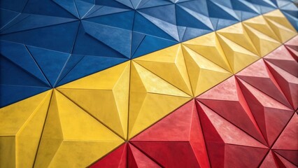 Poster - Abstract Geometric Pattern of Interlocking Triangles in Vibrant Blue, Yellow, and Red Hues