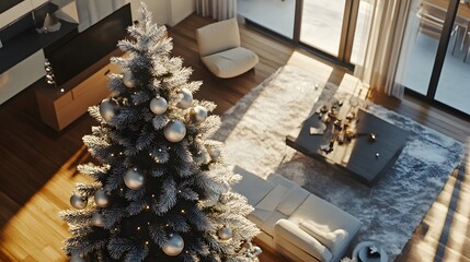 Poster - A simple Christmas tree with silver tinsel placed in a high-end modern living room, viewed from a high perspective. Cinematic Scene 4k resolution, cinematic scene