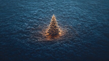 Poster - Aerial view of a minimalist Christmas tree with glowing lights in the center of a frosty field, creating a serene holiday scene. Cinematic Scene 4k resolution, cinematic scene