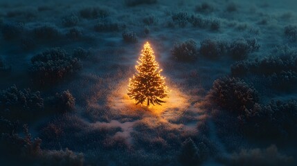 Poster - Aerial view of a minimalist Christmas tree with glowing lights in the center of a frosty field, creating a serene holiday scene. Cinematic Scene 4k resolution, cinematic scene