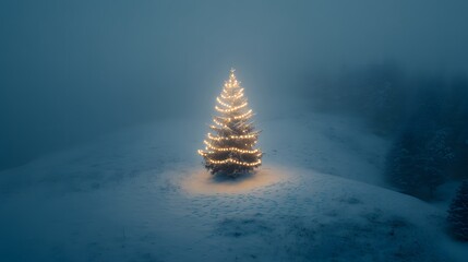 Poster - A solitary Christmas tree with soft, glowing string lights placed on a snowy hilltop, photographed from above. Cinematic Scene 4k resolution, cinematic scene