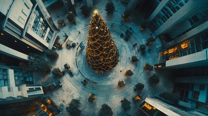 Poster - An abstract view of a Christmas tree with geometric decorations, captured from a drone flying over a modern architectural landscape. Cinematic Scene 4k resolution, cinematic scene