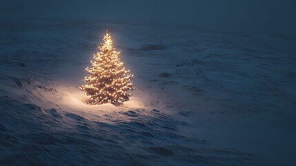 Poster - A solitary Christmas tree with soft, glowing string lights placed on a snowy hilltop, photographed from above. Cinematic Scene 4k resolution, cinematic scene