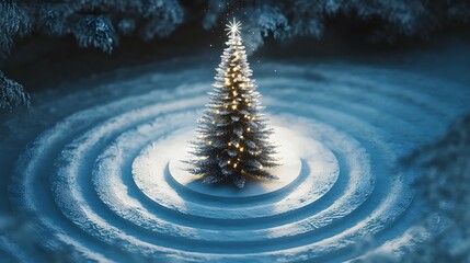 Poster - A clean and modern Christmas tree with silver tinsel, placed in an open park and surrounded by concentric snow tracks. Cinematic Scene 4k resolution, cinematic scene