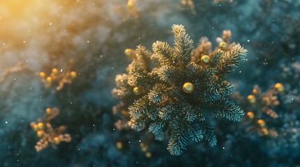 Poster - Minimalist Christmas tree with delicate green and gold ornaments, captured from above with a soft winter sunset in the background. Cinematic Scene 4k resolution, cinematic scene