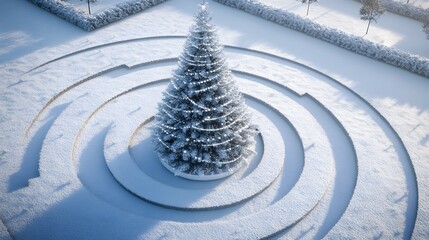Poster - A clean and modern Christmas tree with silver tinsel, placed in an open park and surrounded by concentric snow tracks. Cinematic Scene 4k resolution, cinematic scene