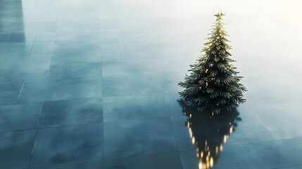 Poster - A sleek Christmas tree with metallic accents placed on a reflective floor in a clean, contemporary space, photographed from above. Cinematic Scene 4k resolution, cinematic scene
