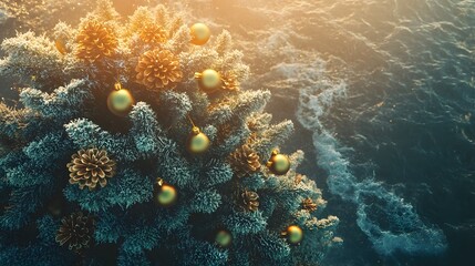 Poster - Minimalist Christmas tree with delicate green and gold ornaments, captured from above with a soft winter sunset in the background. Cinematic Scene 4k resolution, cinematic scene