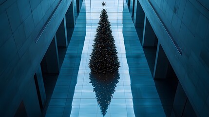 Poster - A sleek Christmas tree with metallic accents placed on a reflective floor in a clean, contemporary space, photographed from above. Cinematic Scene 4k resolution, cinematic scene