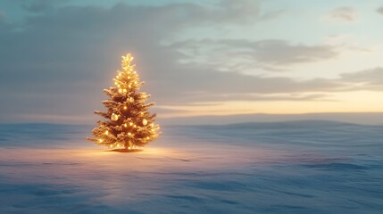 Poster - High perspective view of a tiny Christmas tree with soft, glowing ornaments placed on a wide-open snowy plain. Cinematic Scene 4k resolution, cinematic scene