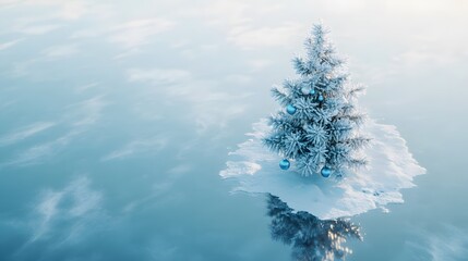 Poster - A clean and simple tree with blue and white ornaments standing on a reflective icy surface, captured from a high perspective. Cinematic Scene 4k resolution, cinematic scene