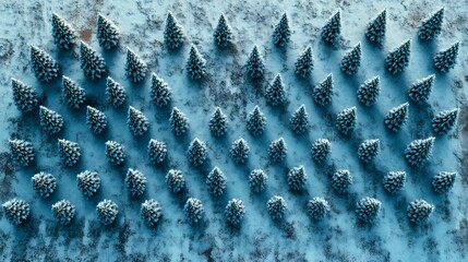 Poster - A geometric arrangement of tiny Christmas trees in a snowy grid pattern, viewed from above. Cinematic Scene 4k resolution, cinematic scene