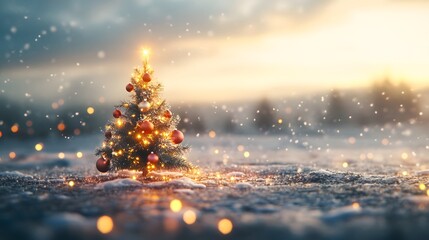 Poster - High perspective view of a tiny Christmas tree with soft, glowing ornaments placed on a wide-open snowy plain. Cinematic Scene 4k resolution, cinematic scene