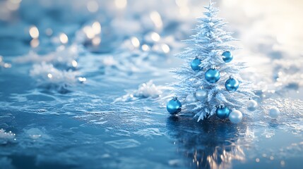 Poster - A clean and simple tree with blue and white ornaments standing on a reflective icy surface, captured from a high perspective. Cinematic Scene 4k resolution, cinematic scene