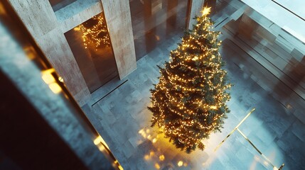Poster - A modern Christmas tree with subtle gold accents positioned in an open urban space, viewed from an aerial angle. Cinematic Scene 4k resolution, cinematic scene
