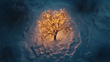 Poster - A small, delicate tree with glowing lights surrounded by natural snow patterns, captured from a drone's viewpoint. Cinematic Scene 4k resolution, cinematic scene