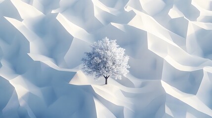 Poster - A clean, modern tree surrounded by angular snow formations, viewed from a high perspective for a minimalist aesthetic. Cinematic Scene 4k resolution, cinematic scene