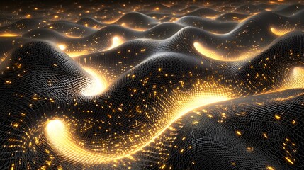 Aufkleber - Abstract flowing waves blending seamlessly into a grid of glowing nodes.