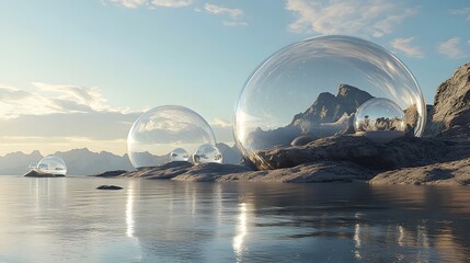 Aufkleber - A conceptual depiction of translucent spheres connecting seamlessly in a futuristic layout.