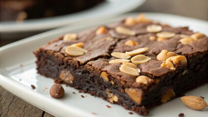 Poster - A close-up of a fudgy chocolate brownie topped with chopped peanuts, resting on a white plate, against a wooden background.